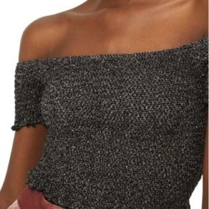 Topshop shirred metallic off the shoulder top